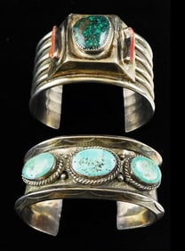 JEWELRY: Two Southwest bracelets, the first, Navajo Silver, ribbed cuff bracelet with central focal