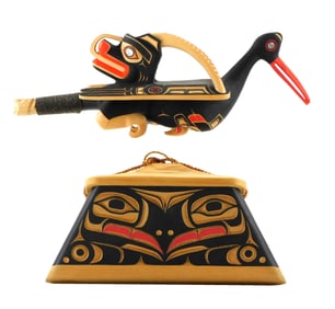 TRIBAL: Two Northwest Coast carved wood pieces, 20th C., including an Oyster Catcher bird form