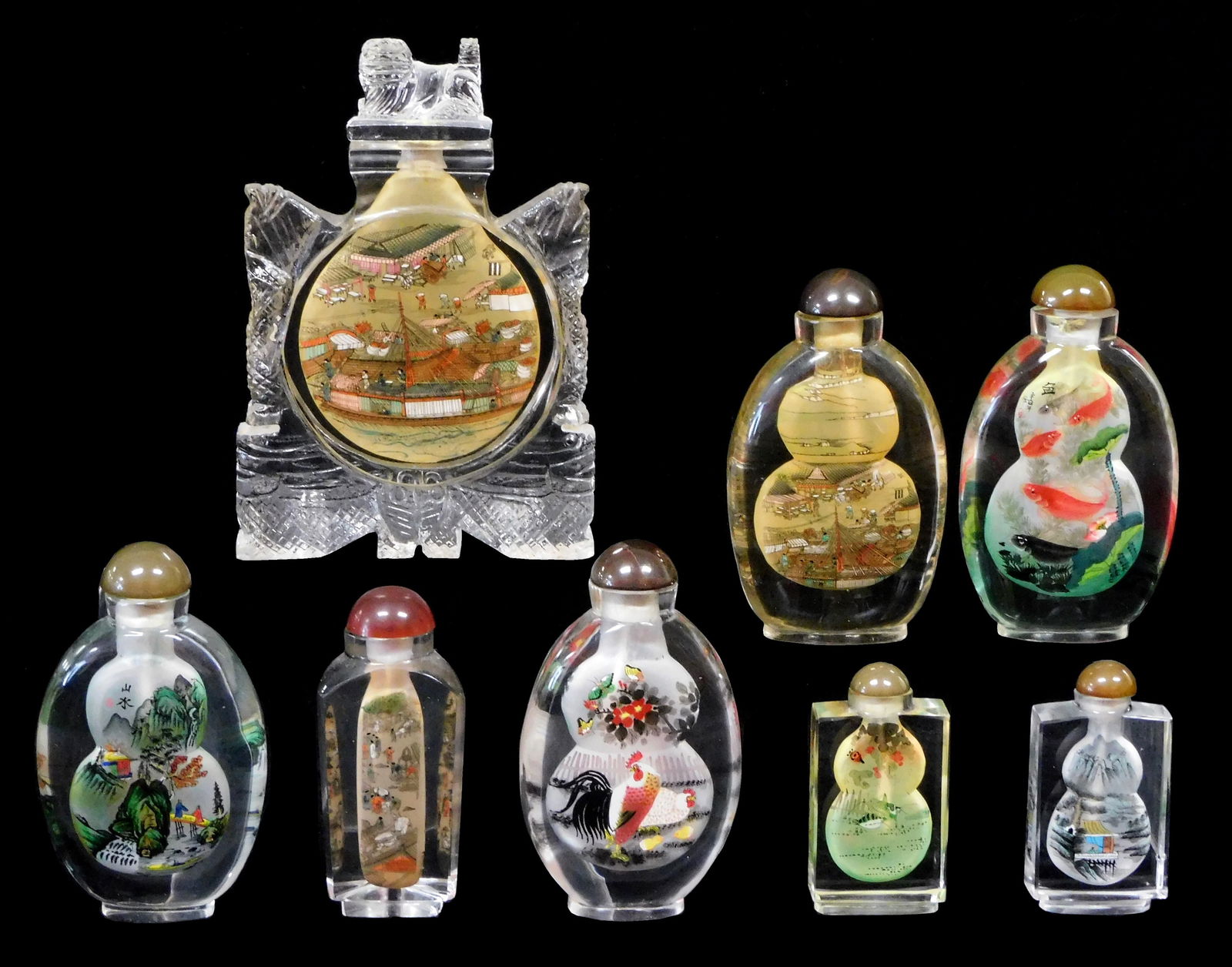 ASIAN: Eight Chinese cased glass interior painting snuff bottles, largest with stopper, depicts (1 of 4)
