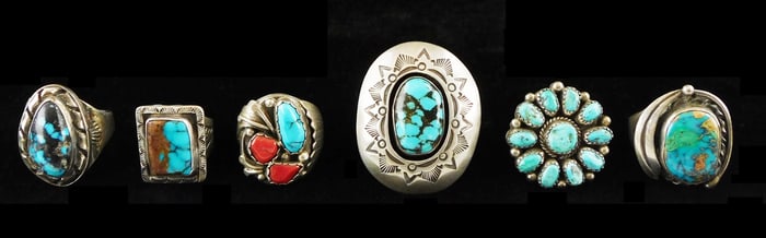 JEWELRY: Six Southwest rings, tested silver, stones including turquoise, Kingman turquoise, and