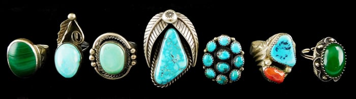 JEWELRY: Seven Southwest style rings, six tested silver, assorted hardstones including turquoise,
