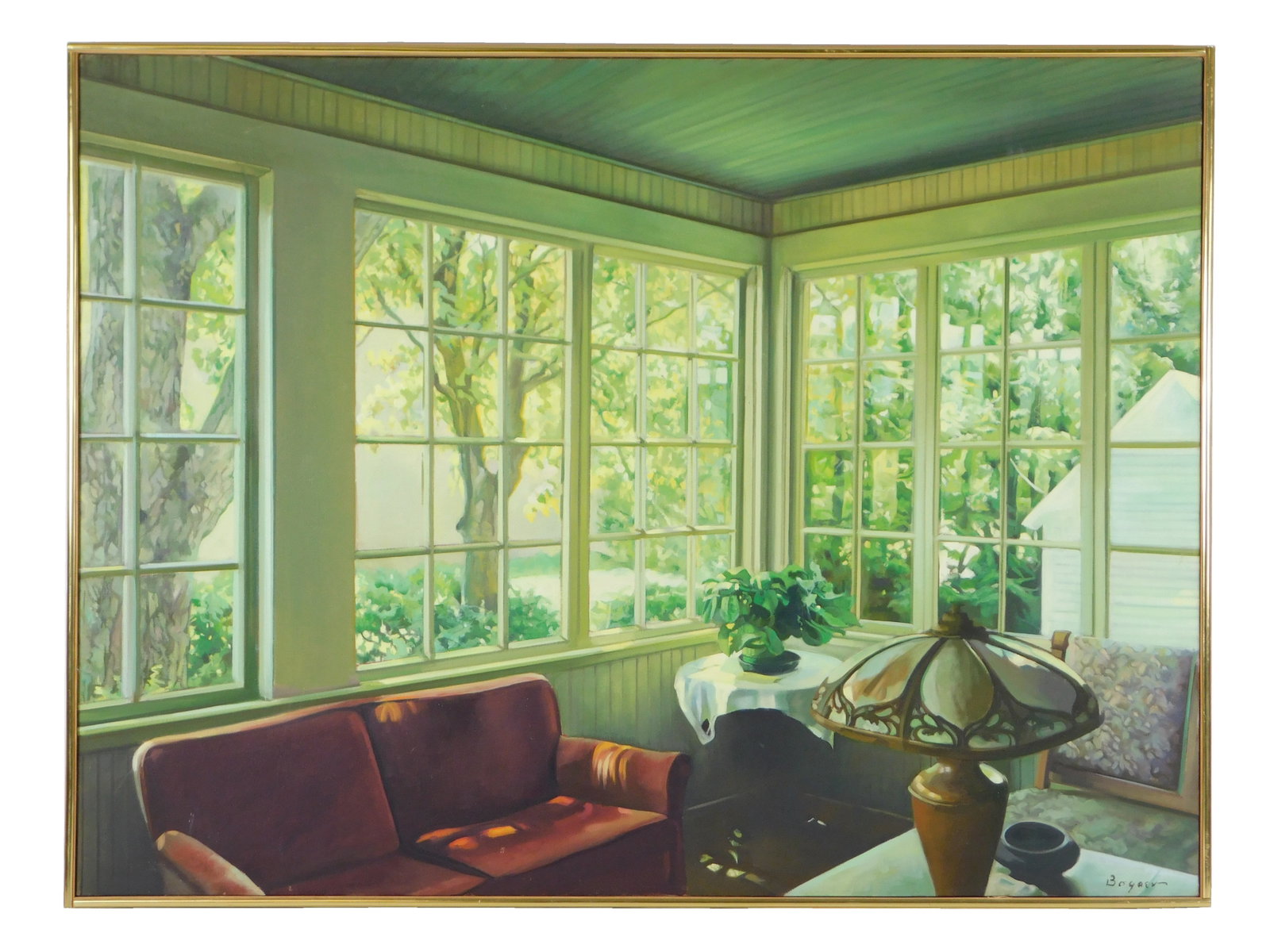 Ronnie Bogaev, "Sweet Myrtle", oil on canvas, signed on bottom right, artist label on verso, looking: Ronnie Bogaev, "Sweet Myrtle", oil on canvas, signed on bottom right, artist label on verso, looking out of sunroom windows on sunny summer day, wear consistent with age and use including scratches on