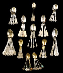 SILVER: Tiffany & Co., Whiting Manf., etc., 45+ spoons, all marked sterling or tested silver, some