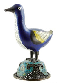 ASIAN: Cloisonne duck on domed reticulated base, Chinese Export, late 19th- 20th C., duck figure