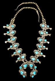 JEWELRY: Signed Navajo squash blossom necklace, silver and turquoise type, adorned with twelve