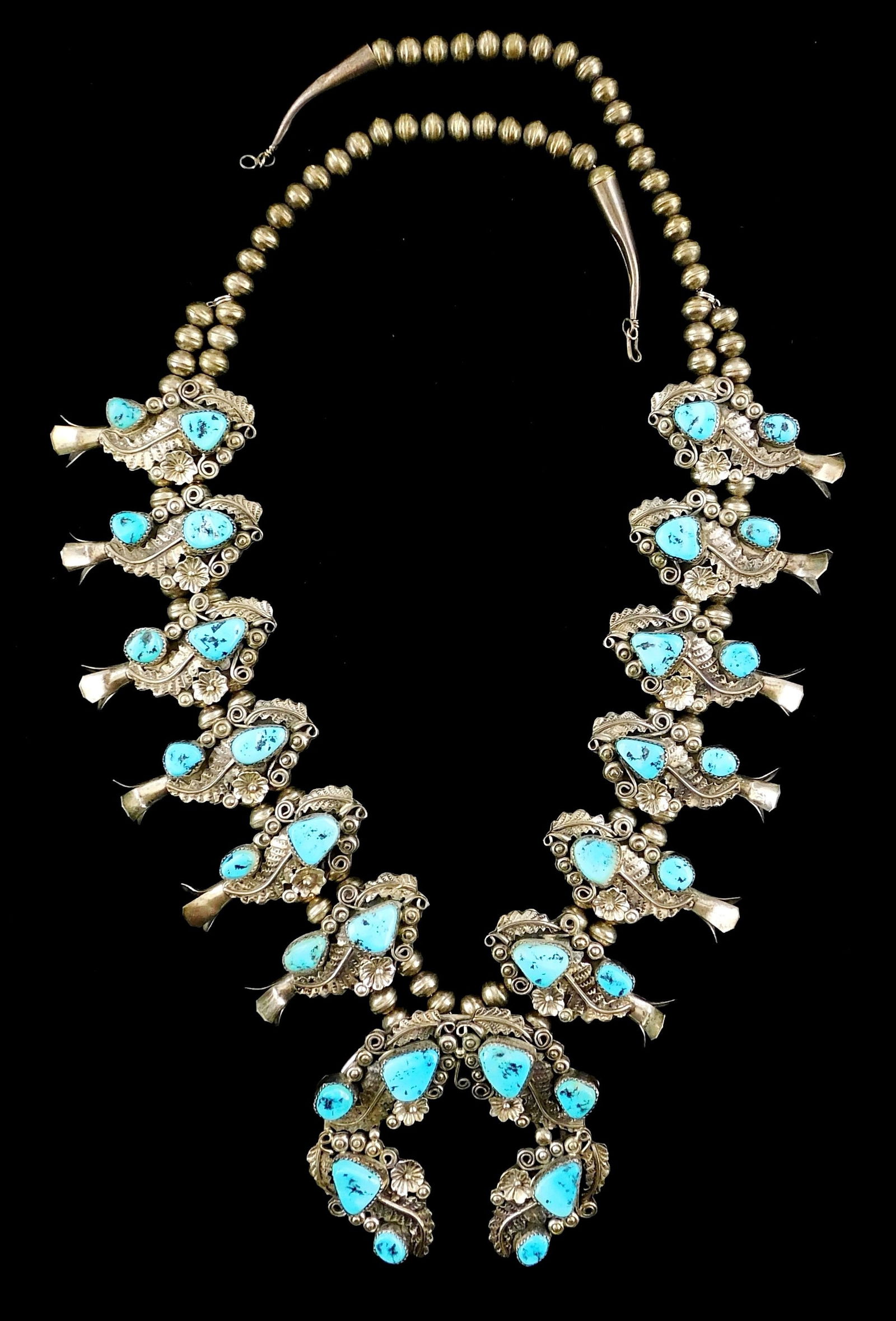 JEWELRY: Signed Navajo squash blossom necklace, silver and turquoise type, adorned with twelve (1 of 5)