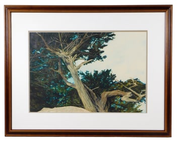 Jean Morgan George, "Cypress I", late 20th C., watercolor, matted and framed, signed bottom right,