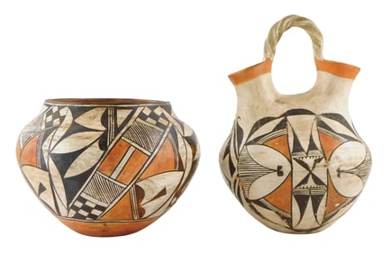 TRIBAL: Two Native American Acoma pottery vessels, early 20th C., including a wedding vase with