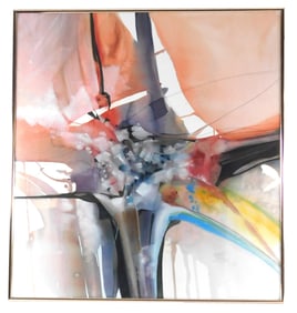 20th/ 21st C. watercolor, large abstract in pinks and grays, with yellow and blue accents, artist