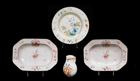 ASIAN: Chinese Export porcelain, 18th C., four pieces, including: two small oblong armorial serving