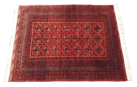 RUG: Modern Tekke Bokhara, 4' x 6', wool on cotton, red and black geometric design, central bank of