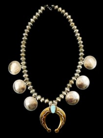 JEWELRY: Squash Blossom necklace, made of 50+ strung liberty dime beads, six Morgan silver dollar