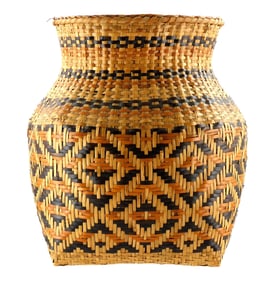 TRIBAL: Native American Cherokee style rivercane basket, waste basket form with butternut and