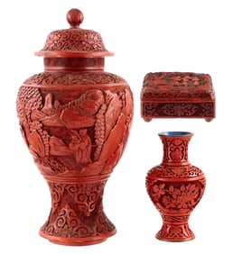 ASIAN: Cinnabar jar, vase and box, pieces, Chinese, late 19th- 20th C., details include: tall