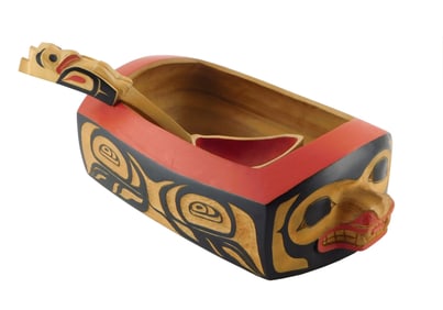 TRIBAL: Pacific Northwest Coast, 20th C., carved wooden vessel and spoon, likely cedar, black and