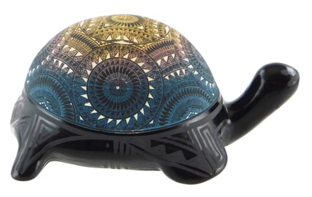 TRIBAL: Native American Pottery, late 20th C., Marvin Blackmore pottery turtle, black-on-black body,