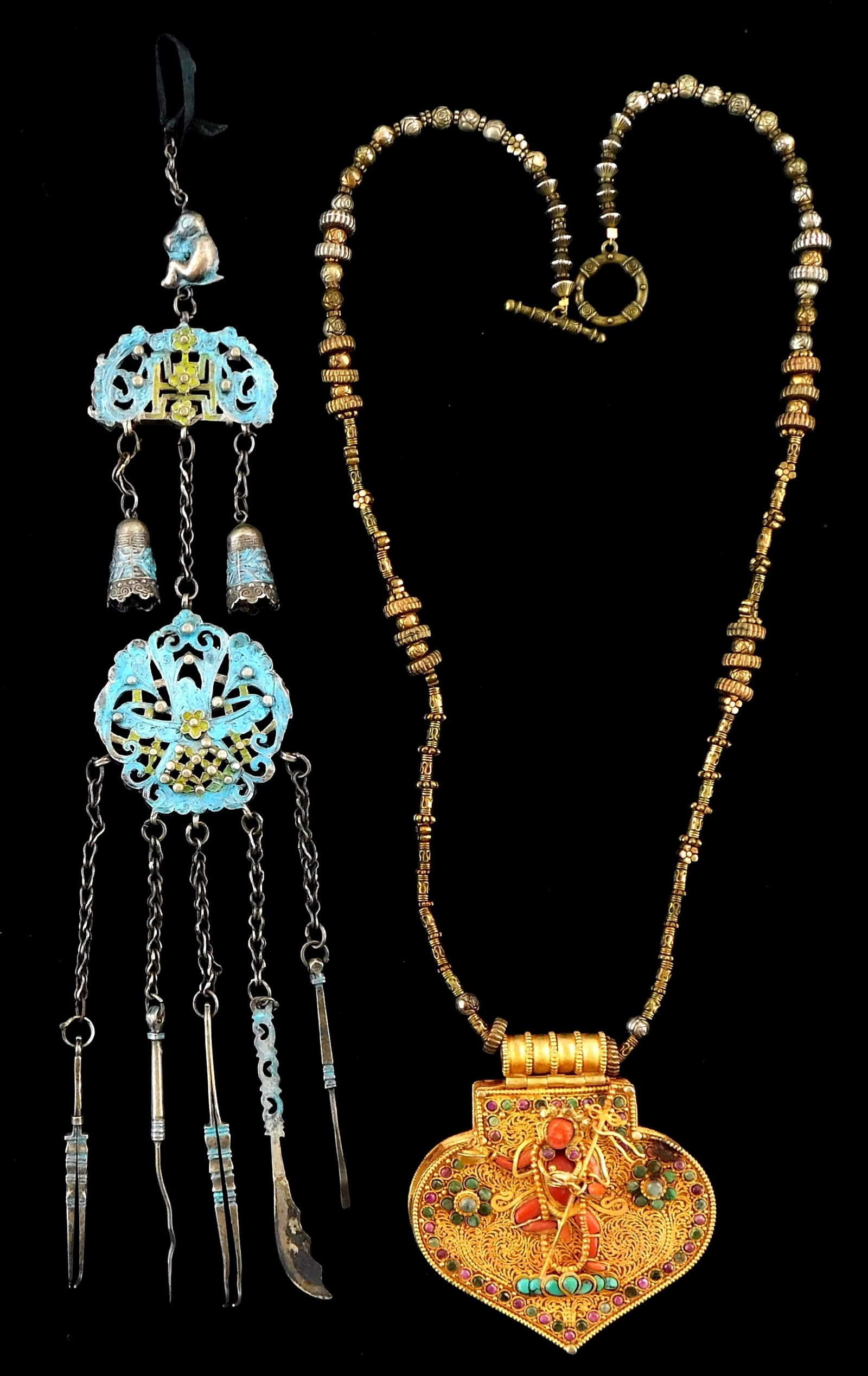 ASIAN: Tibetan Ghau locket pendant necklace and Chinese chatelaine, 19th C., Tibetan Ghau necklace (1 of 5)