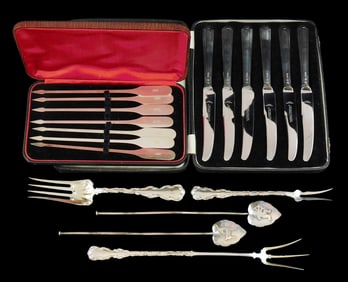 STERLING: Three piece D. Emery sterling serving forks; two sterling decorative straws; two boxed
