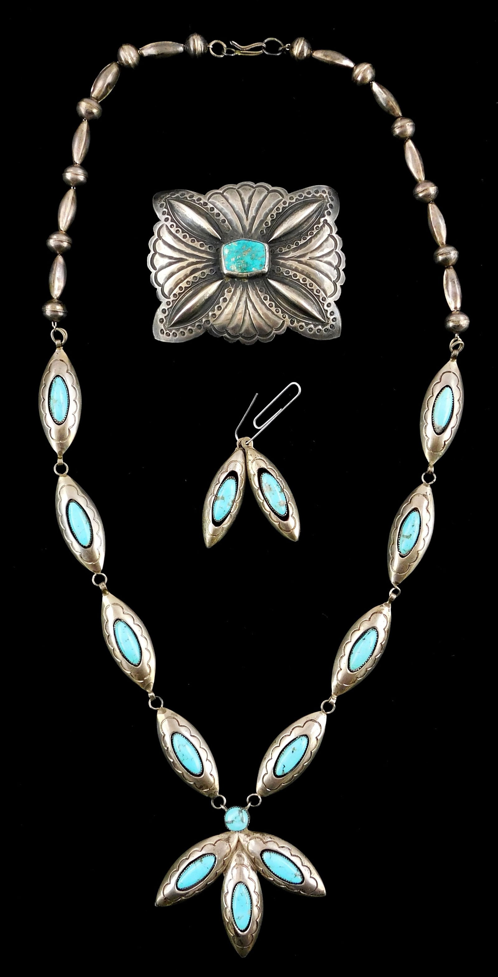 JEWELRY: Milton Burnside Navaho pendent necklace and earrings, along with similar belt buckle, all (1 of 5)