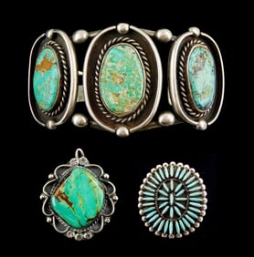 JEWELRY: Navajo style silver and turquoise cuff, ring, and pendant, details include: sunburst type