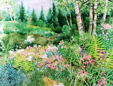 Laura Eden (Connecticut, b. 1958), "Tundra Delicacies with Birch", 1985, watercolor, signed bottom r