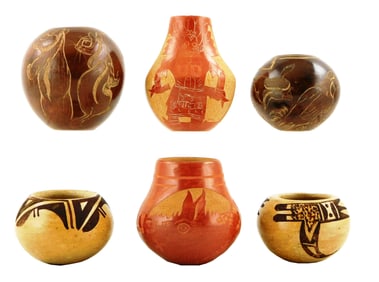 TRIBAL: Six Native American seed pots, 20th/ 21st C. Hopi and Santa Clara Pueblo, including two