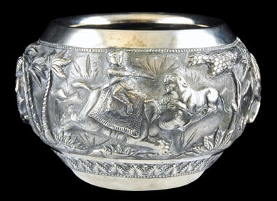 SILVER: Burmese silver thabeik bowl with repousse hunting scene in high-relief, late 19th/ 20th C.,