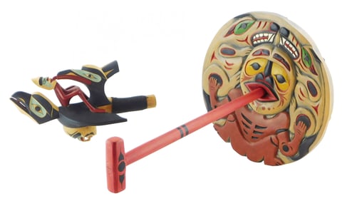 TRIBAL: Two Northwest Coast style items including a raven rattle, carved wood, traditional blue, red
