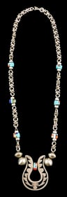 JEWELRY: Zuni sterling silver and hardstone necklace, artist signed "DOC", heavy link chain with