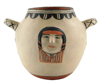 TRIBAL: Native American, Cochiti double handled jar by Seferina Ortiz (1931-2007) hand painted,