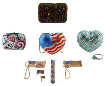 TEXTILES: Three rhinestone hard shell purses, and Six American flag themed synthetic gemstone
