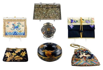 TEXTILES: Seven Asian-style purses, 19th/20th C., details include: mother of pearl/abalone shell