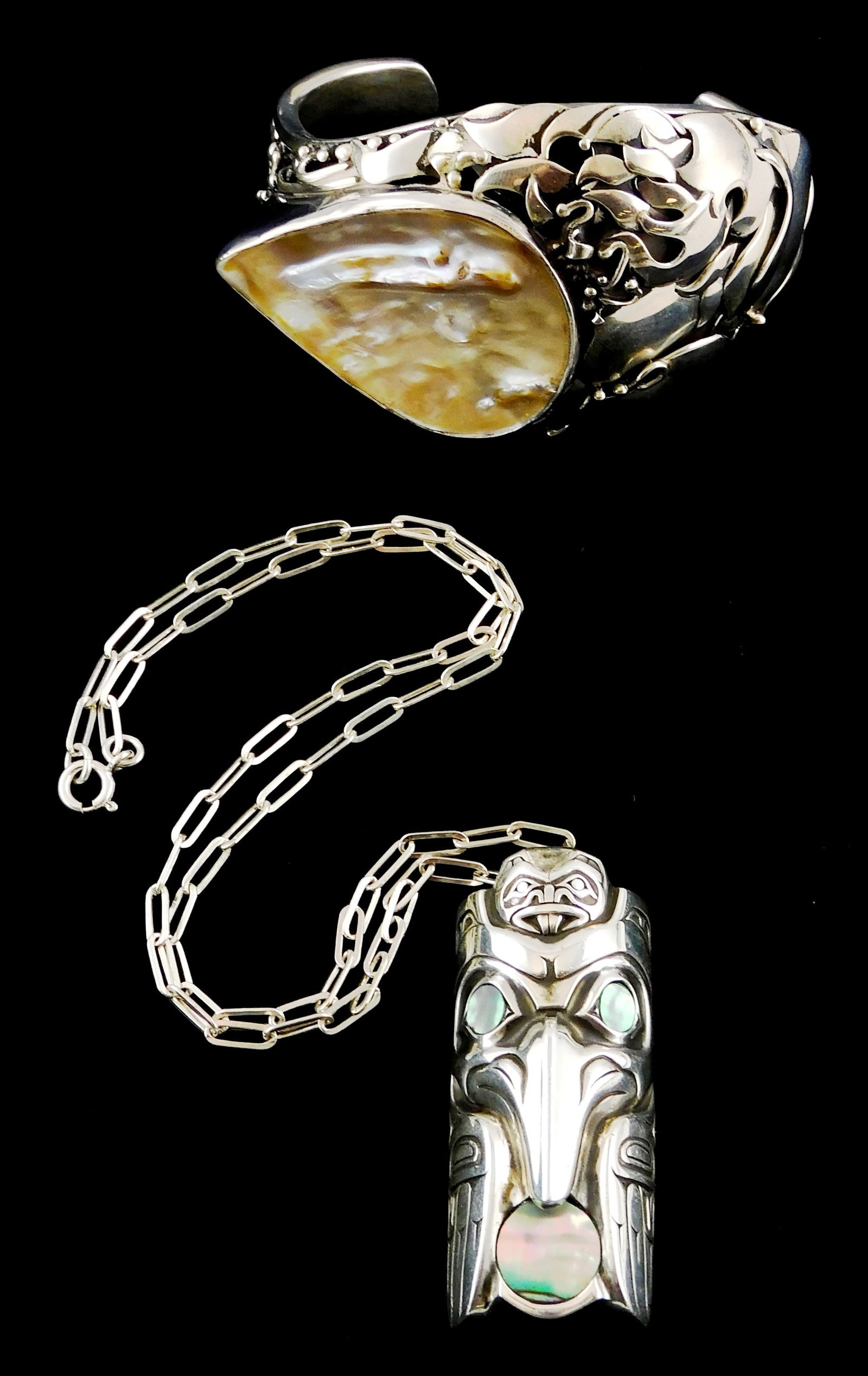JEWELRY: Silver and Mother of pearl pendant necklace and cuff bracelet, details include: Northwest (1 of 6)