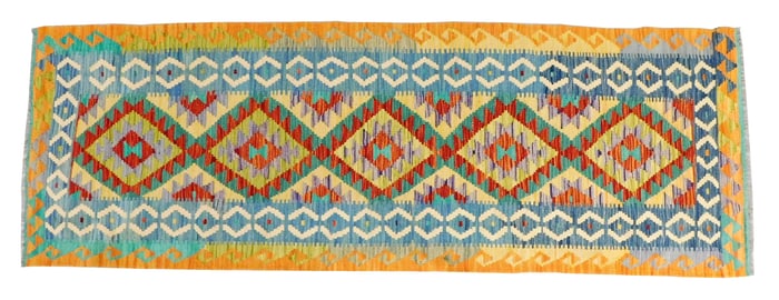 RUG: Turkish Kilim runner, 3' x 8' 7", wool on wool, five medallions on a violet ground, blue major