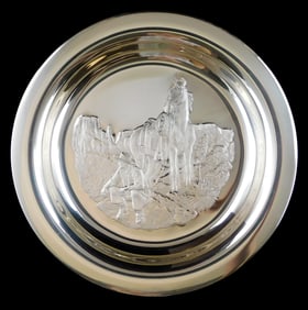 STERLING: Franklin "Mint Horizon’s" West boxed sterling silver collector plate, 1972, embossed