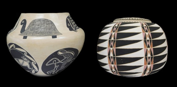 TRIBAL: Two Native American Acoma style pottery jars, 20th C., the first, featuring hand painted