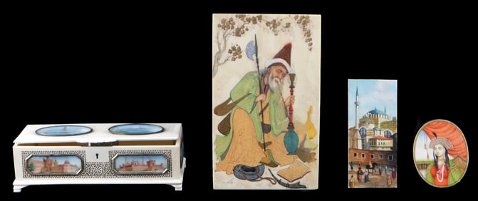 ASIAN: Four hand painted Indian and Indo-Persian pieces, 19th/20th C., including: carved trinket box