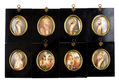 ASIAN: Eight hand painted miniatures of Indian figures, 19th C., all in matching black lacquer