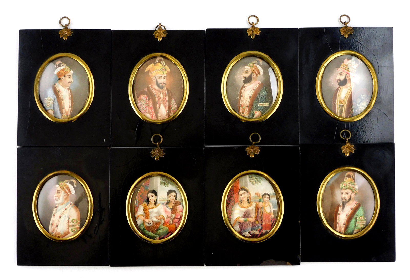 ASIAN: Eight hand painted miniatures of Indian figures, 19th C., all in matching black lacquer (1 of 5)