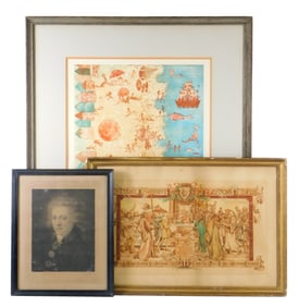 Three prints including two lithographs and one engraving, all framed: first, Francoise Deberdt
