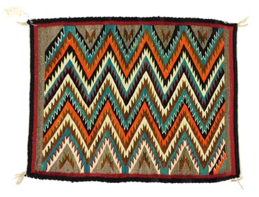 TRIBAL: Navajo "Red Mesa" style, mid 20th C., table rug or scatter rug, wool, polychrome zig-zag