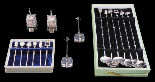 ASIAN: Sterling silver Japanese made and themed pieces, details include: six silver iced tea spoons