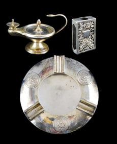 SILVER: Three pieces of silver Asian and Asian-style smoking accessories, consisting of sterling and