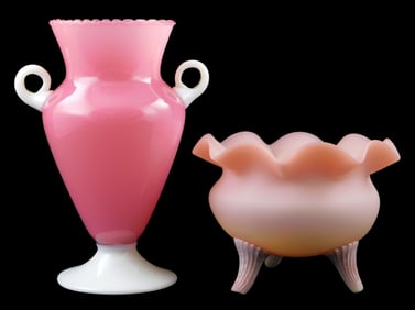 ART GLASS: Two pieces: Steuben "Rosaline" type opaline footed vase, possibly by Stevens and