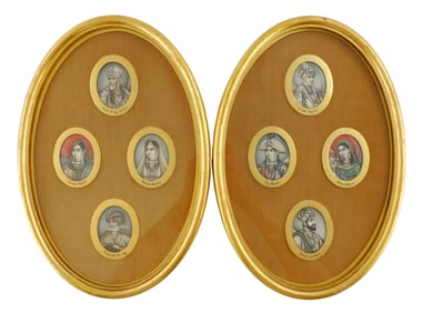 ASIAN: Pair of framed miniatures of Indian royalty, each frame with four miniatures set against