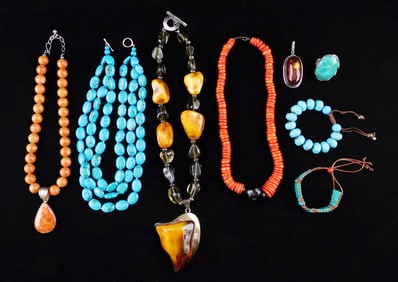 COSTUME JEWELRY: Eight pieces of hardstone, and resin jewelry, many with silver accents, four
