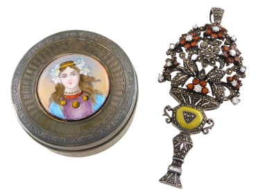 STERLING: French enameled portrait mounted on sterling box and an ornate sterling and marcasite