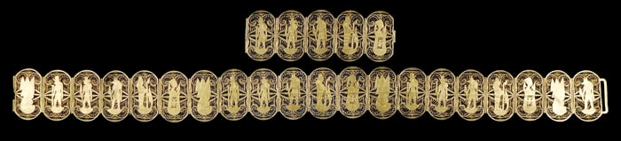 SILVER: Egyptian gilt silver belt, 800 purity silver, twenty-five medallions with five different