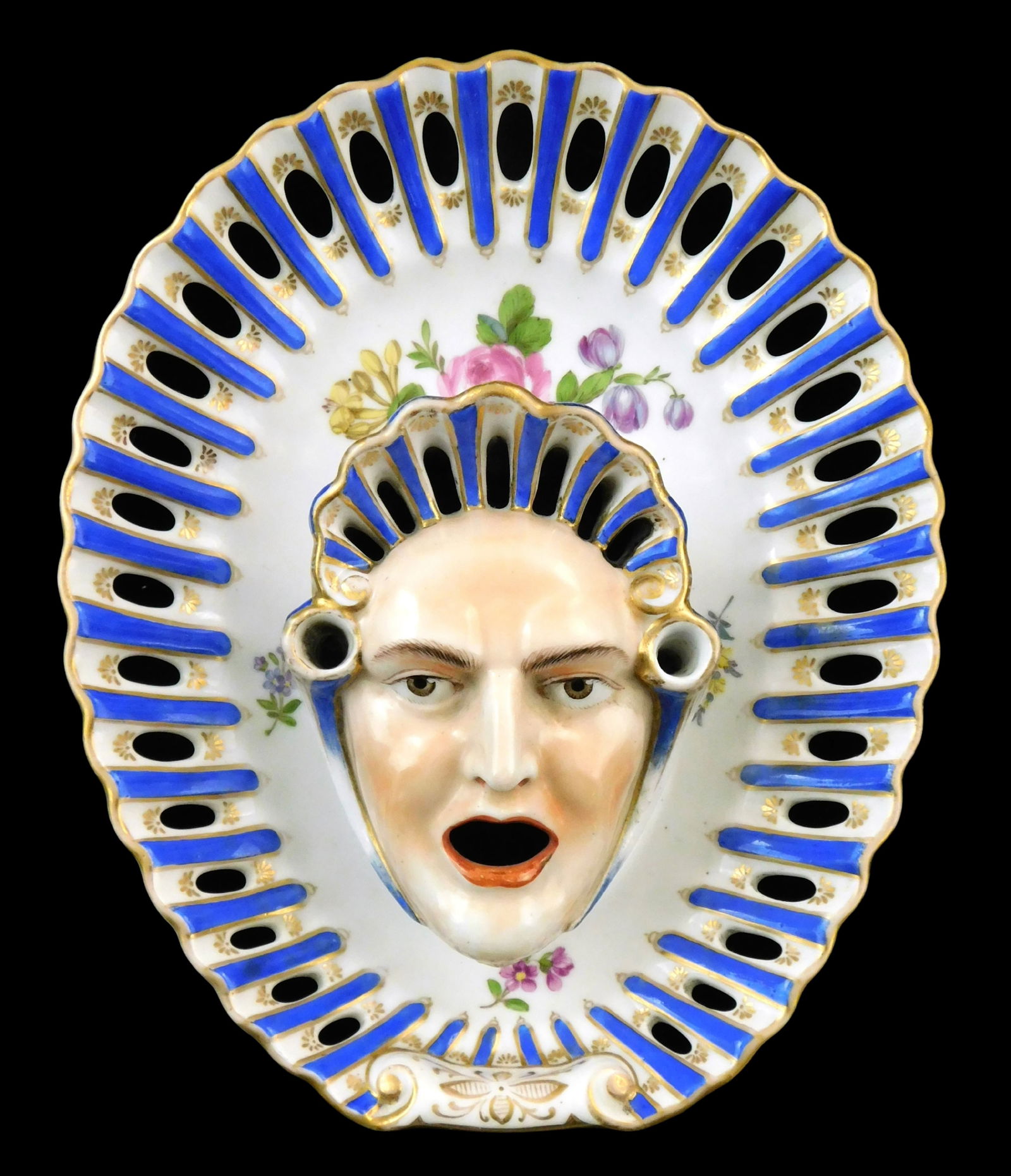 Dresden figural inkwell and undertray, 19th C., German, face form inkwell with reticulated bonnet,