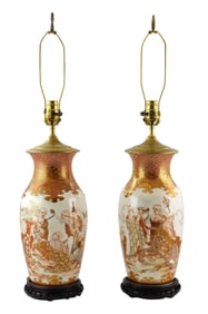 ASIAN: Pair of Japanese Kutani vases made into lamps, 19th/20th C., baluster form vases with finely